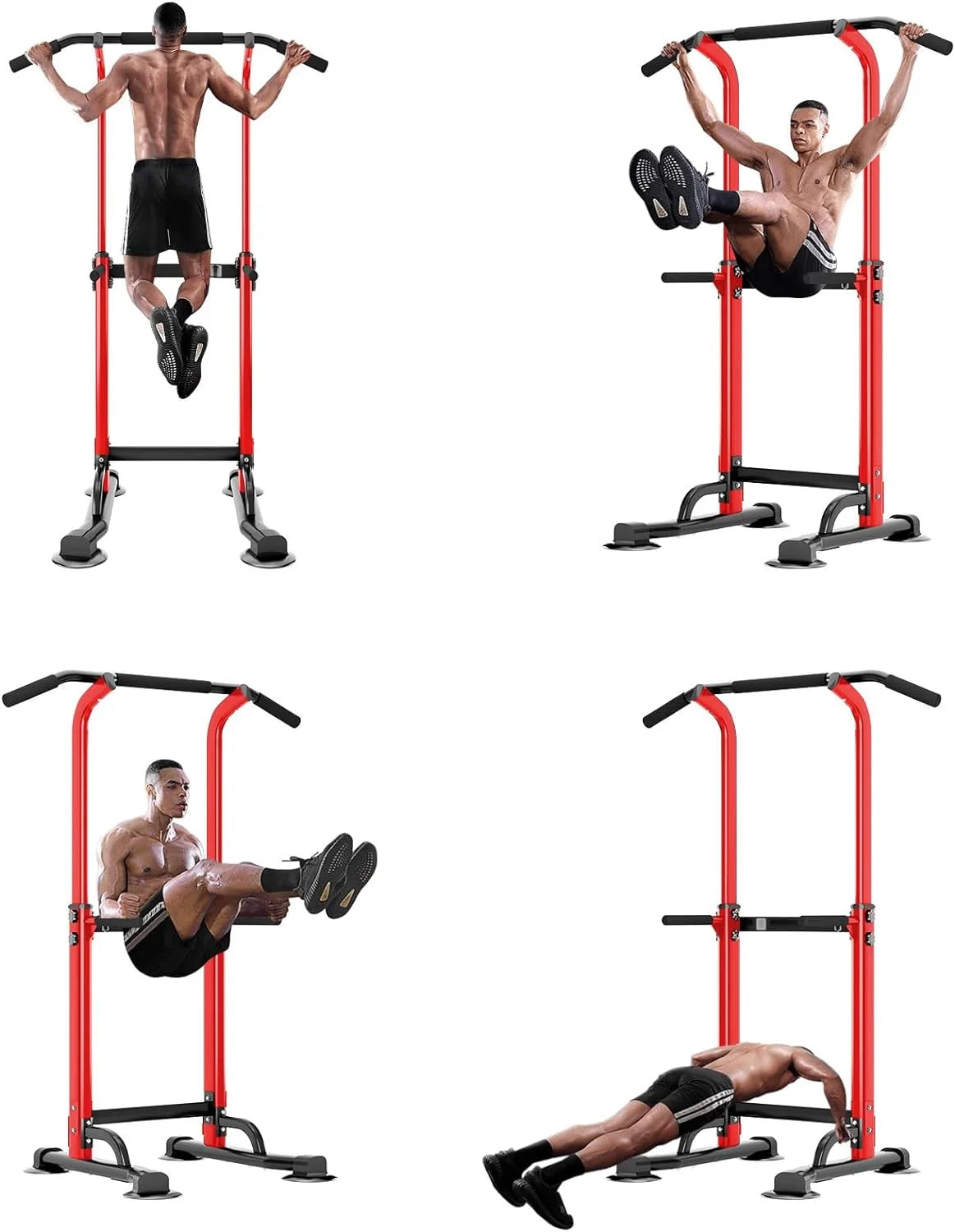 Height Adjustable Power Tower with Dip Stands and Pull-Up Bar for Home Gym - Red