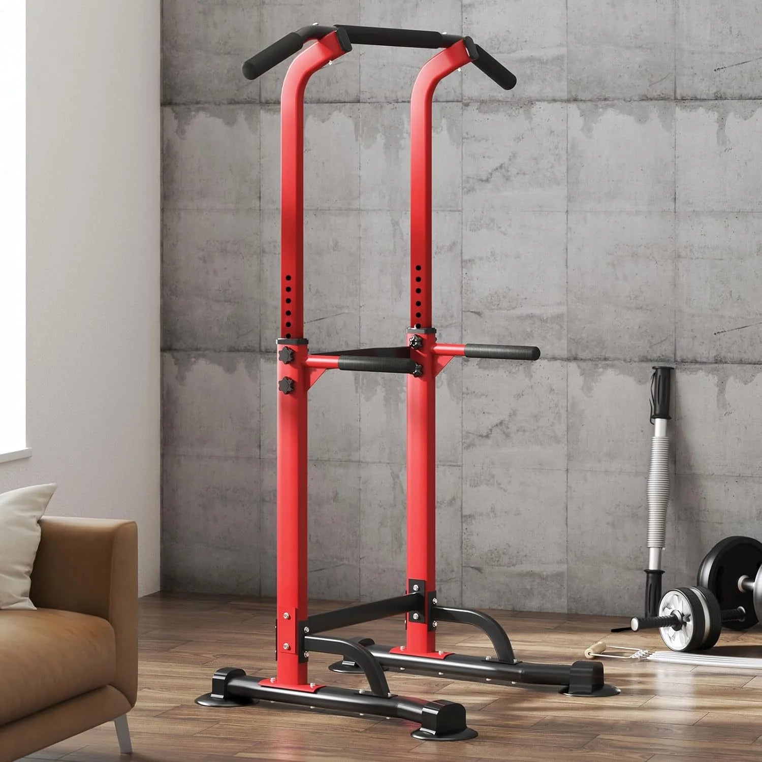 Height Adjustable Power Tower with Dip Stands and Pull-Up Bar for Home Gym - Red