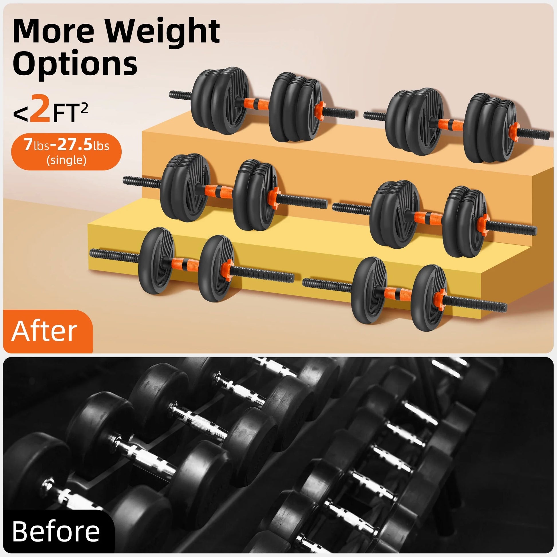 Adjustable 55 lb Dumbbell Set in Black and Orange