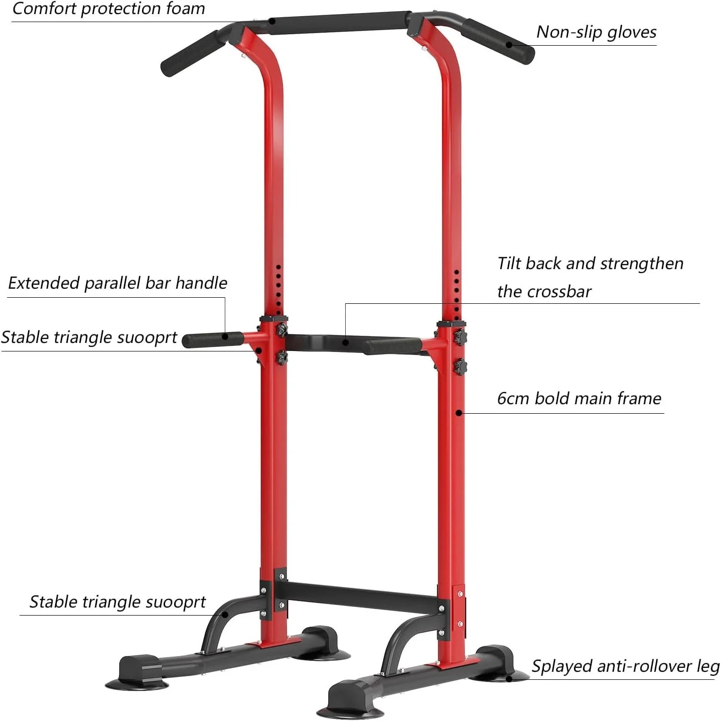 Height Adjustable Power Tower with Dip Stands and Pull-Up Bar for Home Gym - Red
