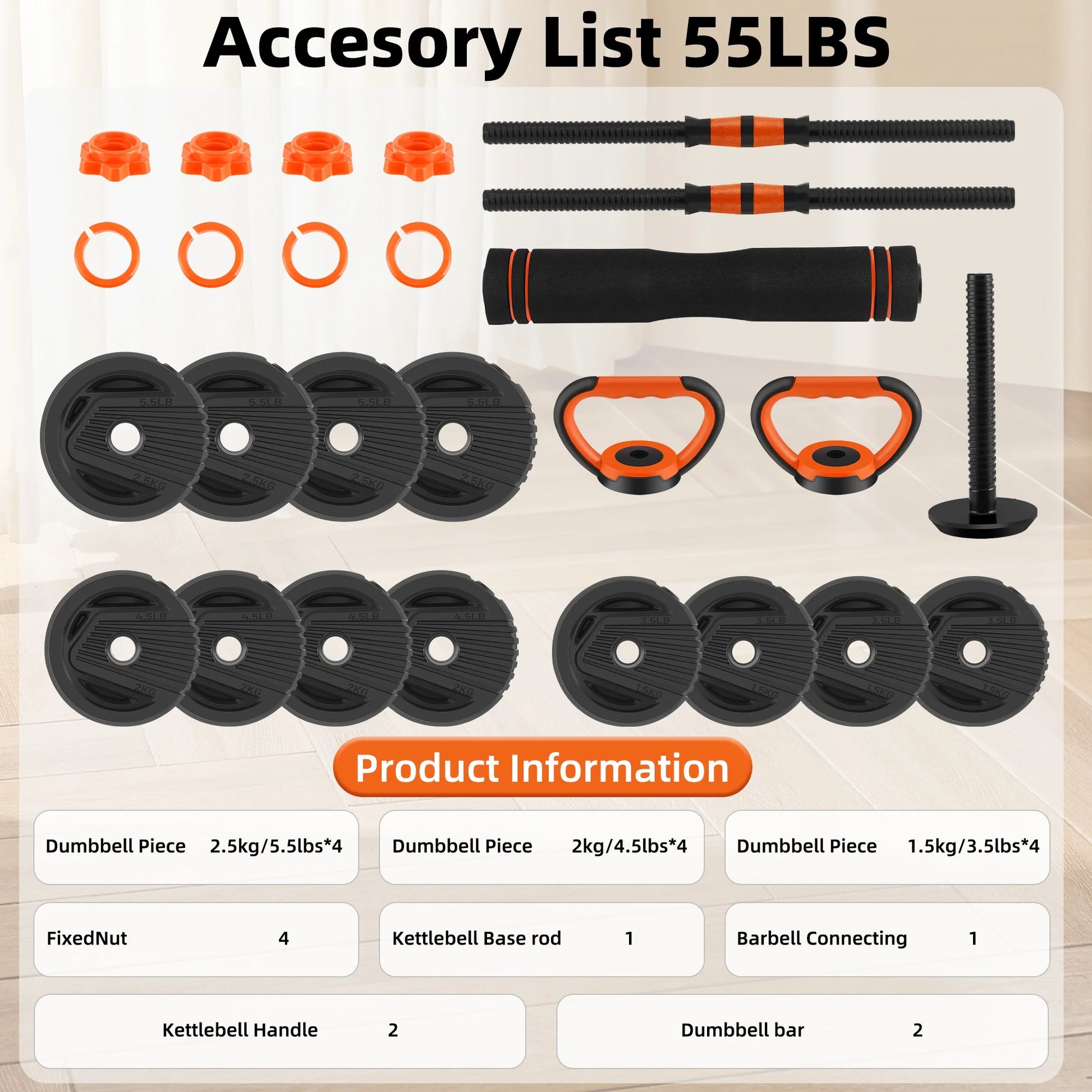 Adjustable 55 lb Dumbbell Set in Black and Orange