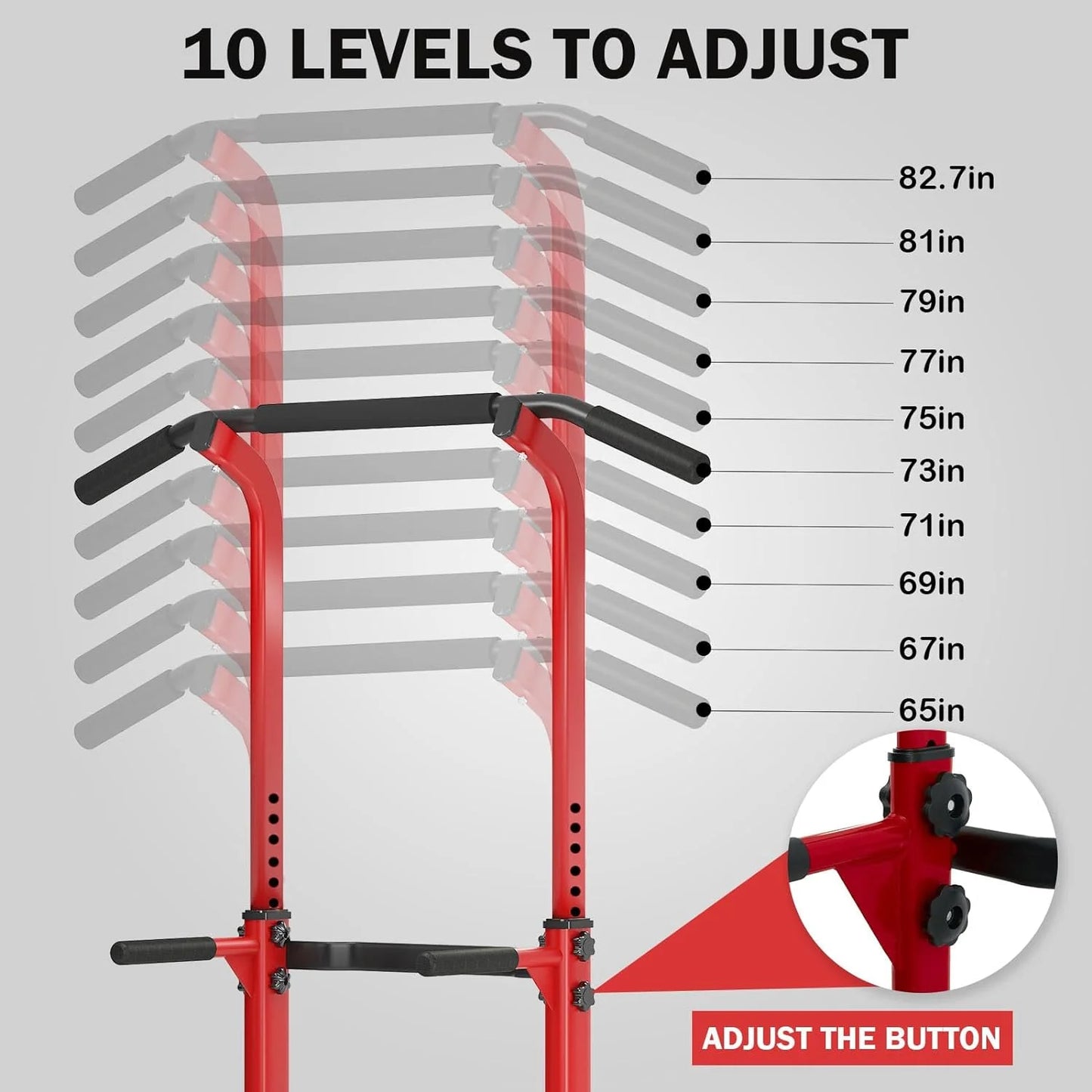 Height Adjustable Power Tower with Dip Stands and Pull-Up Bar for Home Gym - Red