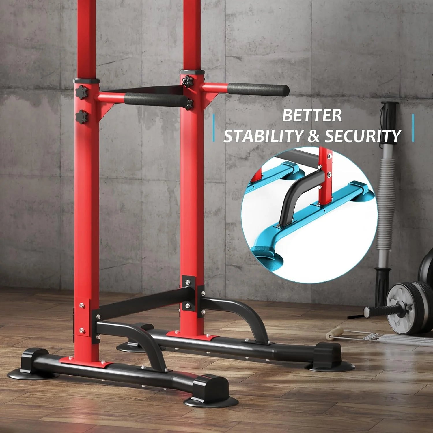 Height Adjustable Power Tower with Dip Stands and Pull-Up Bar for Home Gym - Red